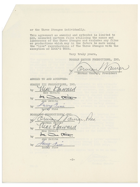 Three Stooges 2pp. Agreement From September 1971 Regarding ''Kook's Tour'' -- Signed Twice by Moe Howard, Larry Fine & Joe DeRita -- With Additional Page Regarding Stooge Cartoons -- Near Fine